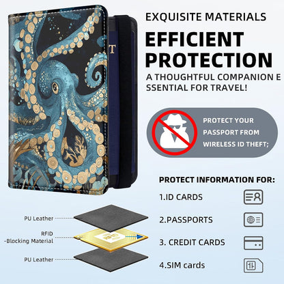 RFID Security Premium Passport and Travel Document Holder Combo, Slim PU Leather Folio Wallet with 3 Card Slots & Boarding Pass Pocket, Secure Elastic Closure Organizer, Black Crow Full Moon