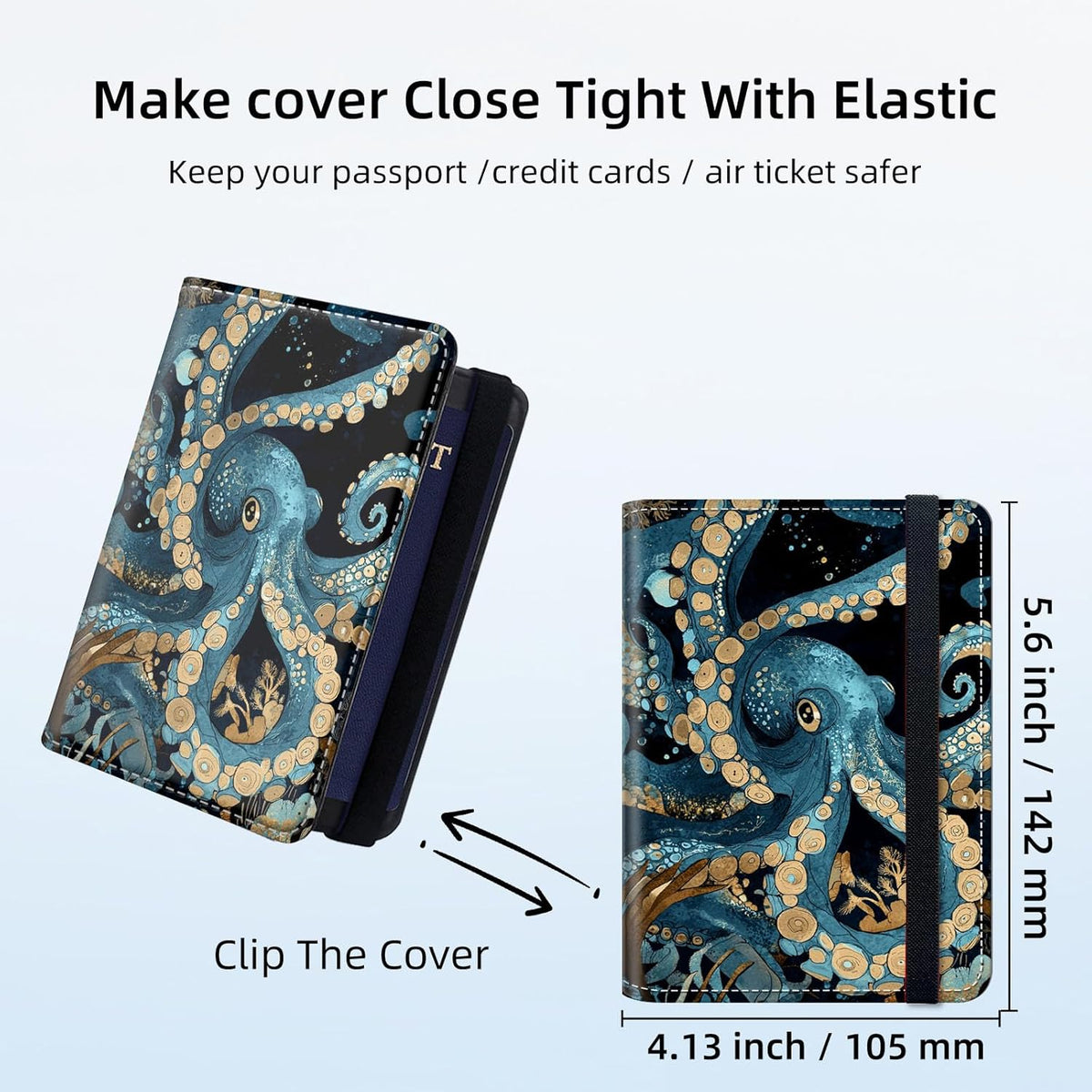 RFID Security Premium Passport and Travel Document Holder Combo, Slim PU Leather Folio Wallet with 3 Card Slots & Boarding Pass Pocket, Secure Elastic Closure Organizer, Black Crow Full Moon