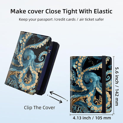 RFID Security Premium Passport and Travel Document Holder Combo, Slim PU Leather Folio Wallet with 3 Card Slots & Boarding Pass Pocket, Secure Elastic Closure Organizer, Black Crow Full Moon