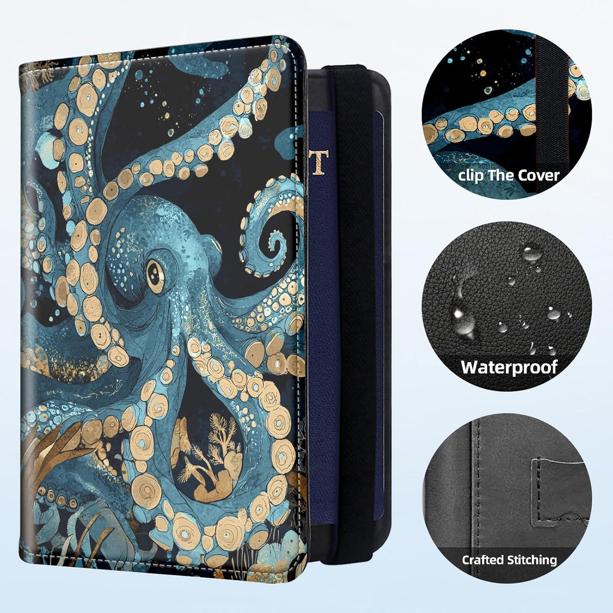 RFID Security Premium Passport and Travel Document Holder Combo, Slim PU Leather Folio Wallet with 3 Card Slots & Boarding Pass Pocket, Secure Elastic Closure Organizer, Black Crow Full Moon