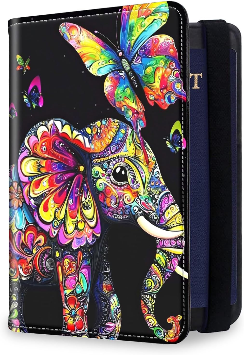 RFID Security Premium Passport and Travel Document Holder Combo, Slim PU Leather Folio Wallet with 3 Card Slots & Boarding Pass Pocket, Secure Elastic Closure Organizer, Black Crow Full Moon
