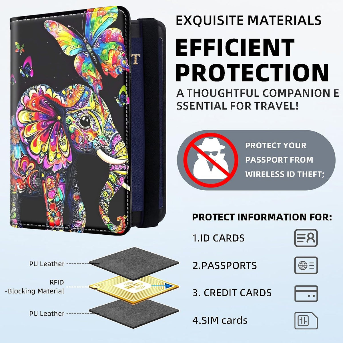 RFID Security Premium Passport and Travel Document Holder Combo, Slim PU Leather Folio Wallet with 3 Card Slots & Boarding Pass Pocket, Secure Elastic Closure Organizer, Black Crow Full Moon