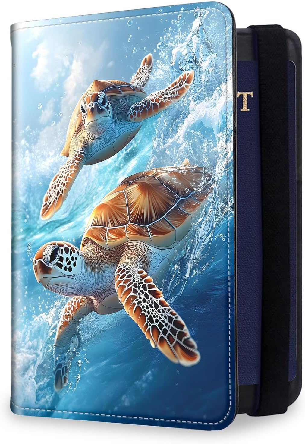 RFID Security Premium Passport and Travel Document Holder Combo, Slim PU Leather Folio Wallet with 3 Card Slots & Boarding Pass Pocket, Secure Elastic Closure Organizer, Black Crow Full Moon