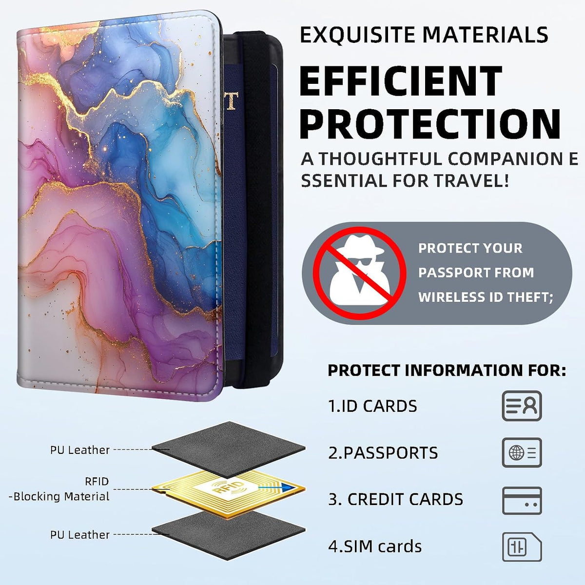 RFID Security Premium Passport and Travel Document Holder Combo, Slim PU Leather Folio Wallet with 3 Card Slots & Boarding Pass Pocket, Secure Elastic Closure Organizer, Black Crow Full Moon