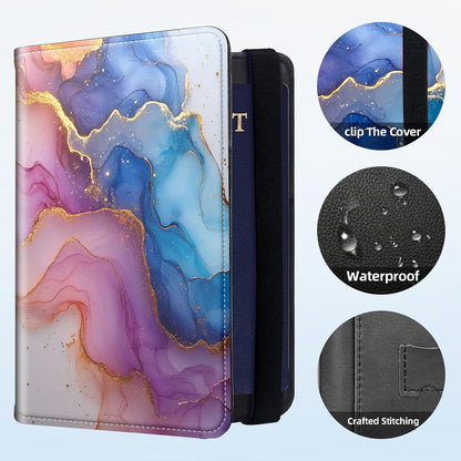 RFID Security Premium Passport and Travel Document Holder Combo, Slim PU Leather Folio Wallet with 3 Card Slots & Boarding Pass Pocket, Secure Elastic Closure Organizer, Black Crow Full Moon