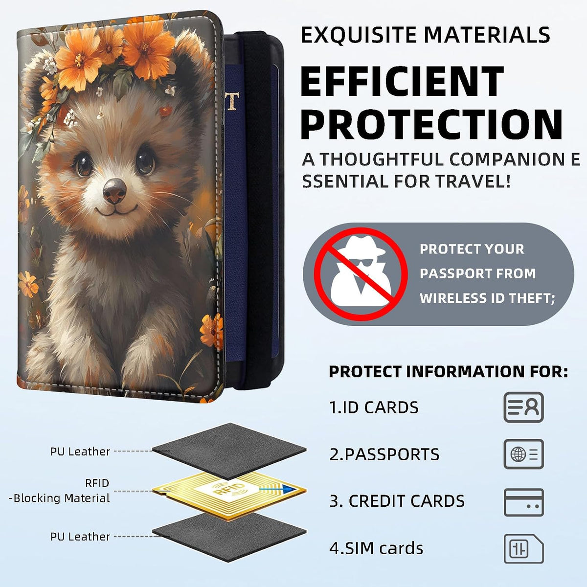 RFID Security Premium Passport and Travel Document Holder Combo, Slim PU Leather Folio Wallet with 3 Card Slots & Boarding Pass Pocket, Secure Elastic Closure Organizer, Black Crow Full Moon