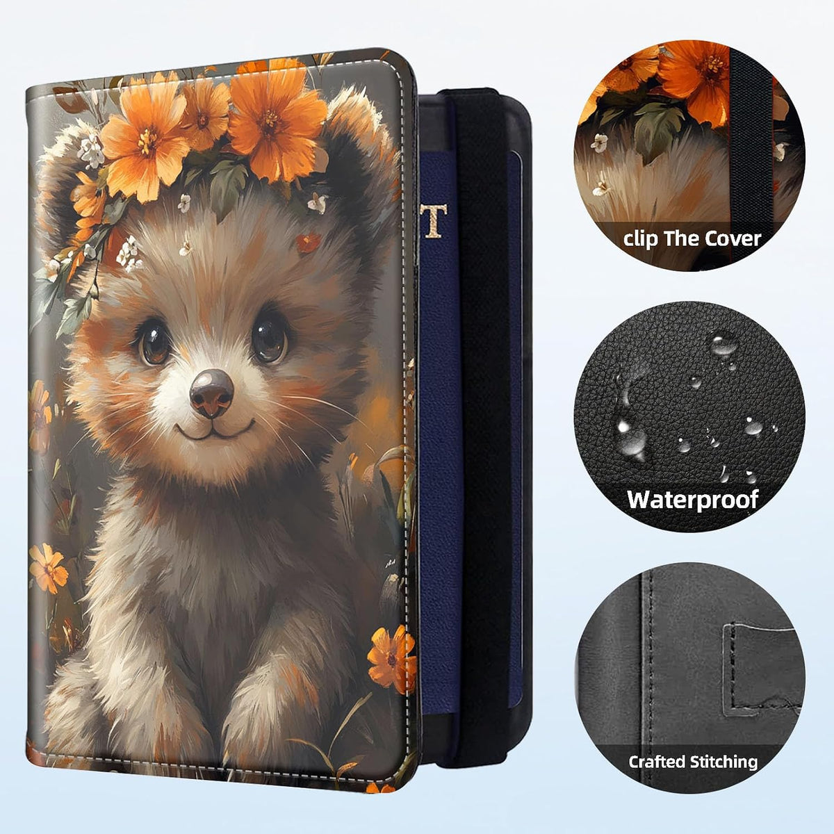 RFID Security Premium Passport and Travel Document Holder Combo, Slim PU Leather Folio Wallet with 3 Card Slots & Boarding Pass Pocket, Secure Elastic Closure Organizer, Black Crow Full Moon