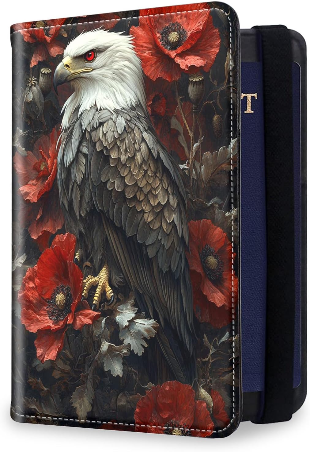 RFID Security Premium Passport and Travel Document Holder Combo, Slim PU Leather Folio Wallet with 3 Card Slots & Boarding Pass Pocket, Secure Elastic Closure Organizer, Black Crow Full Moon