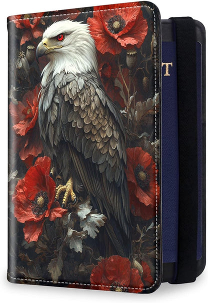 RFID Security Premium Passport and Travel Document Holder Combo, Slim PU Leather Folio Wallet with 3 Card Slots & Boarding Pass Pocket, Secure Elastic Closure Organizer, Black Crow Full Moon