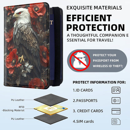 RFID Security Premium Passport and Travel Document Holder Combo, Slim PU Leather Folio Wallet with 3 Card Slots & Boarding Pass Pocket, Secure Elastic Closure Organizer, Black Crow Full Moon