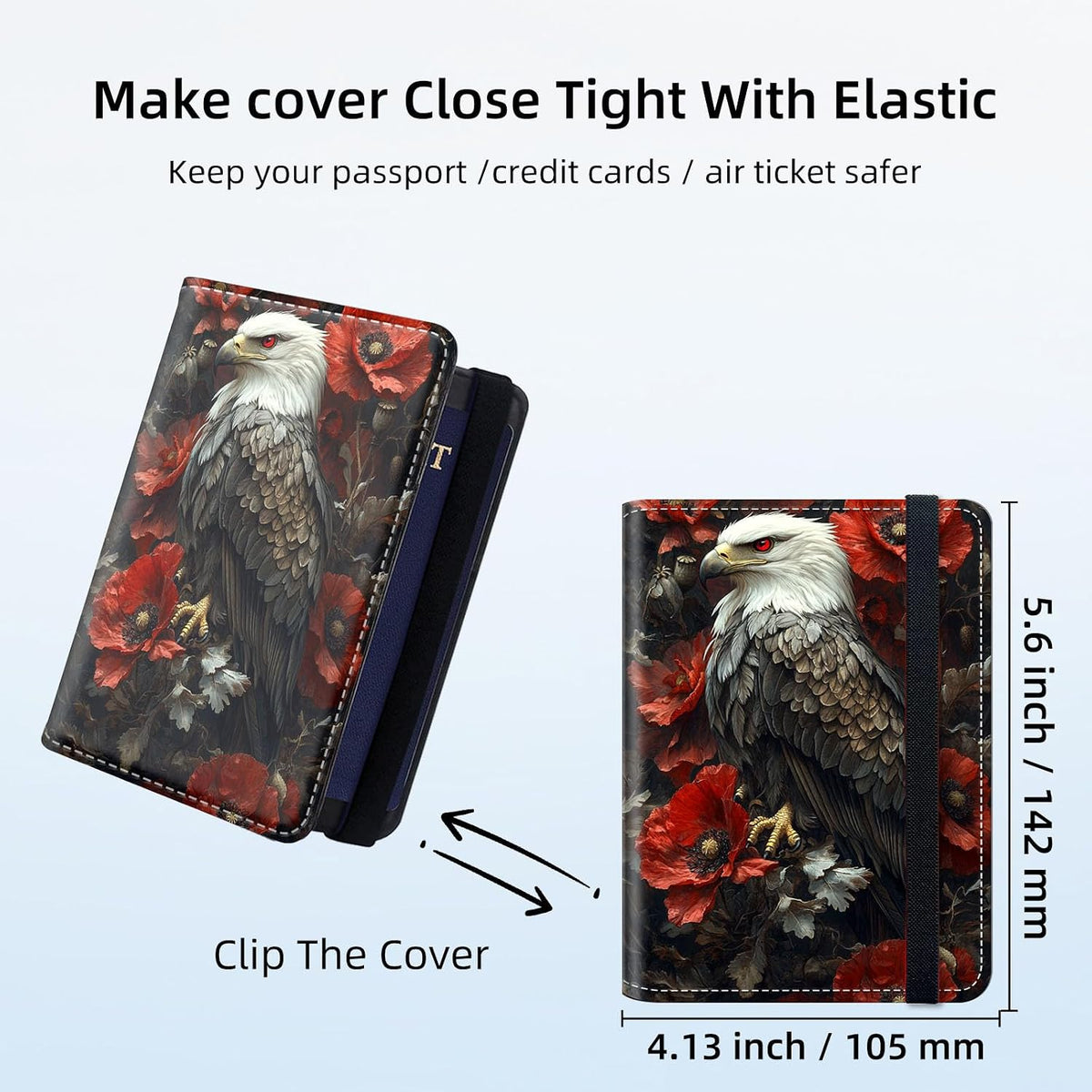 RFID Security Premium Passport and Travel Document Holder Combo, Slim PU Leather Folio Wallet with 3 Card Slots & Boarding Pass Pocket, Secure Elastic Closure Organizer, Black Crow Full Moon