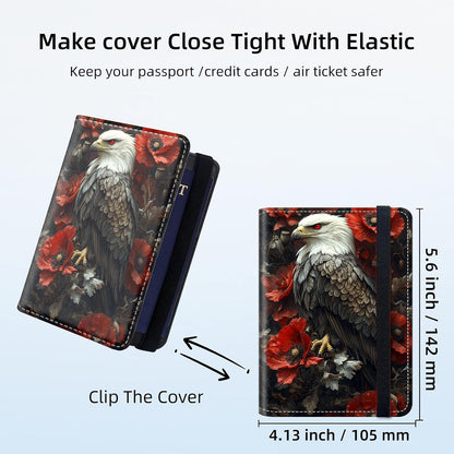 RFID Security Premium Passport and Travel Document Holder Combo, Slim PU Leather Folio Wallet with 3 Card Slots & Boarding Pass Pocket, Secure Elastic Closure Organizer, Black Crow Full Moon