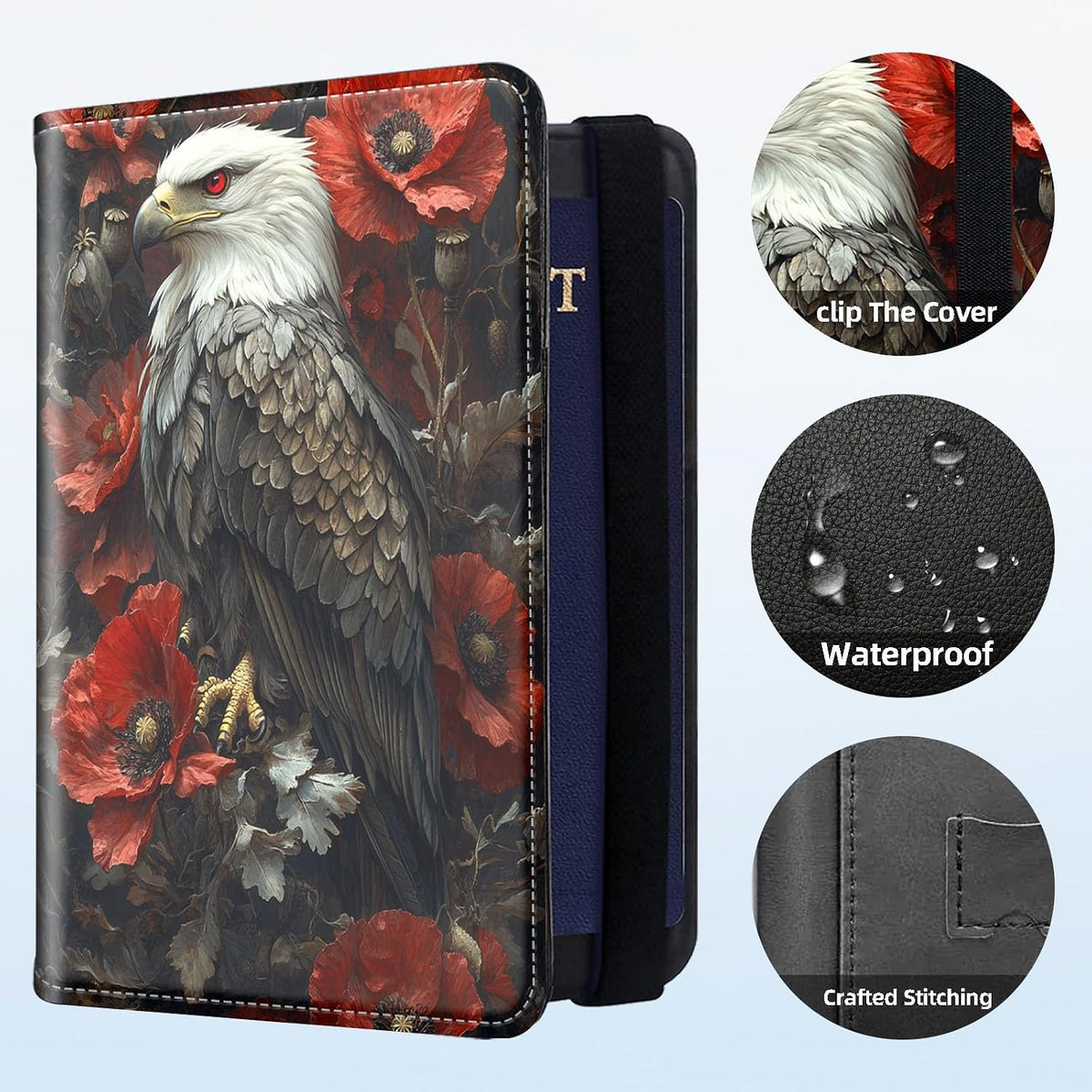RFID Security Premium Passport and Travel Document Holder Combo, Slim PU Leather Folio Wallet with 3 Card Slots & Boarding Pass Pocket, Secure Elastic Closure Organizer, Black Crow Full Moon