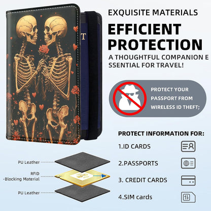 RFID Security Premium Passport and Travel Document Holder Combo, Slim PU Leather Folio Wallet with 3 Card Slots & Boarding Pass Pocket, Secure Elastic Closure Organizer, Black Crow Full Moon