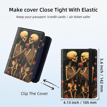 RFID Security Premium Passport and Travel Document Holder Combo, Slim PU Leather Folio Wallet with 3 Card Slots & Boarding Pass Pocket, Secure Elastic Closure Organizer, Black Crow Full Moon