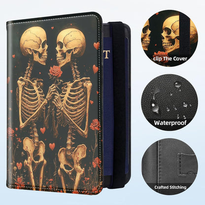 RFID Security Premium Passport and Travel Document Holder Combo, Slim PU Leather Folio Wallet with 3 Card Slots & Boarding Pass Pocket, Secure Elastic Closure Organizer, Black Crow Full Moon
