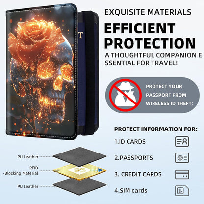 RFID Security Premium Passport and Travel Document Holder Combo, Slim PU Leather Folio Wallet with 3 Card Slots & Boarding Pass Pocket, Secure Elastic Closure Organizer, Black Crow Full Moon