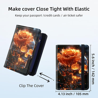 RFID Security Premium Passport and Travel Document Holder Combo, Slim PU Leather Folio Wallet with 3 Card Slots & Boarding Pass Pocket, Secure Elastic Closure Organizer, Black Crow Full Moon