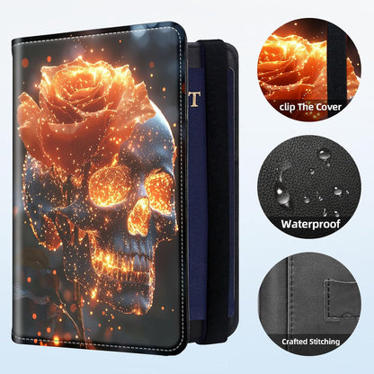 RFID Security Premium Passport and Travel Document Holder Combo, Slim PU Leather Folio Wallet with 3 Card Slots & Boarding Pass Pocket, Secure Elastic Closure Organizer, Black Crow Full Moon