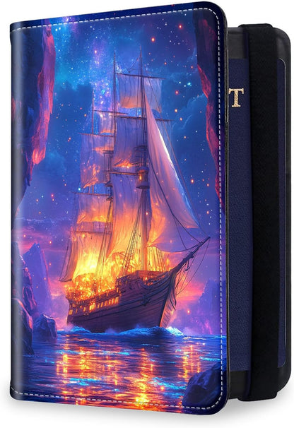 RFID Security Premium Passport and Travel Document Holder Combo, Slim PU Leather Folio Wallet with 3 Card Slots & Boarding Pass Pocket, Secure Elastic Closure Organizer, Black Crow Full Moon