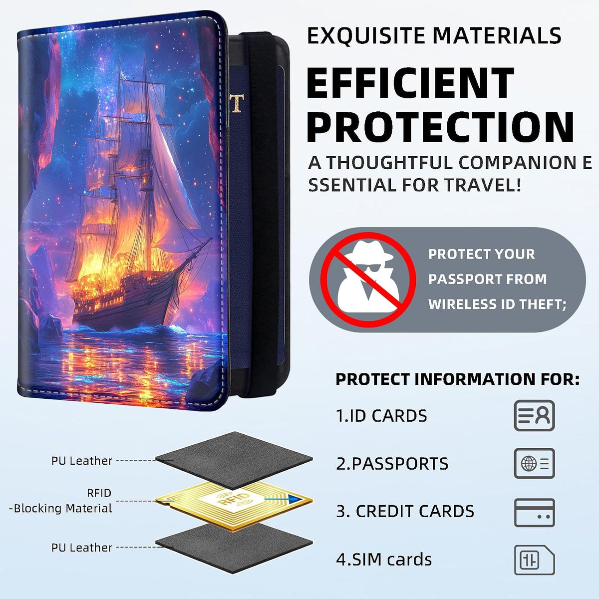 RFID Security Premium Passport and Travel Document Holder Combo, Slim PU Leather Folio Wallet with 3 Card Slots & Boarding Pass Pocket, Secure Elastic Closure Organizer, Black Crow Full Moon