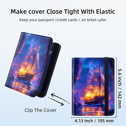 RFID Security Premium Passport and Travel Document Holder Combo, Slim PU Leather Folio Wallet with 3 Card Slots & Boarding Pass Pocket, Secure Elastic Closure Organizer, Black Crow Full Moon