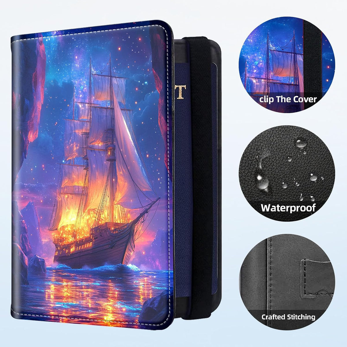 RFID Security Premium Passport and Travel Document Holder Combo, Slim PU Leather Folio Wallet with 3 Card Slots & Boarding Pass Pocket, Secure Elastic Closure Organizer, Black Crow Full Moon