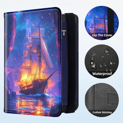 RFID Security Premium Passport and Travel Document Holder Combo, Slim PU Leather Folio Wallet with 3 Card Slots & Boarding Pass Pocket, Secure Elastic Closure Organizer, Black Crow Full Moon