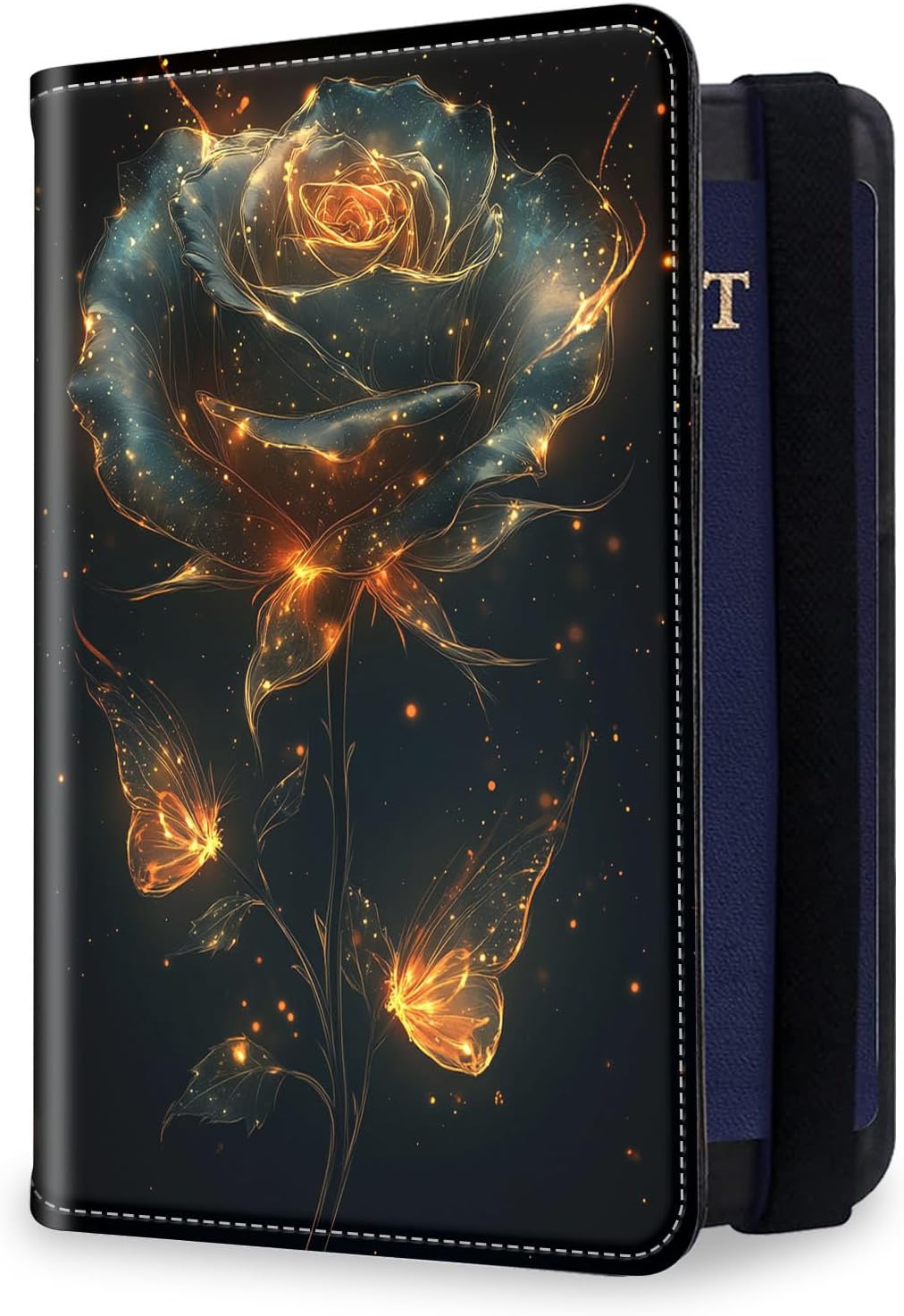 RFID Security Premium Passport and Travel Document Holder Combo, Slim PU Leather Folio Wallet with 3 Card Slots & Boarding Pass Pocket, Secure Elastic Closure Organizer, Black Crow Full Moon
