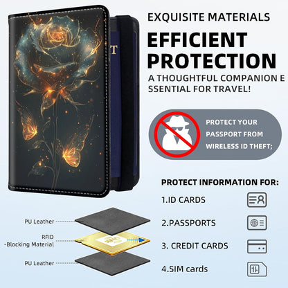 RFID Security Premium Passport and Travel Document Holder Combo, Slim PU Leather Folio Wallet with 3 Card Slots & Boarding Pass Pocket, Secure Elastic Closure Organizer, Black Crow Full Moon