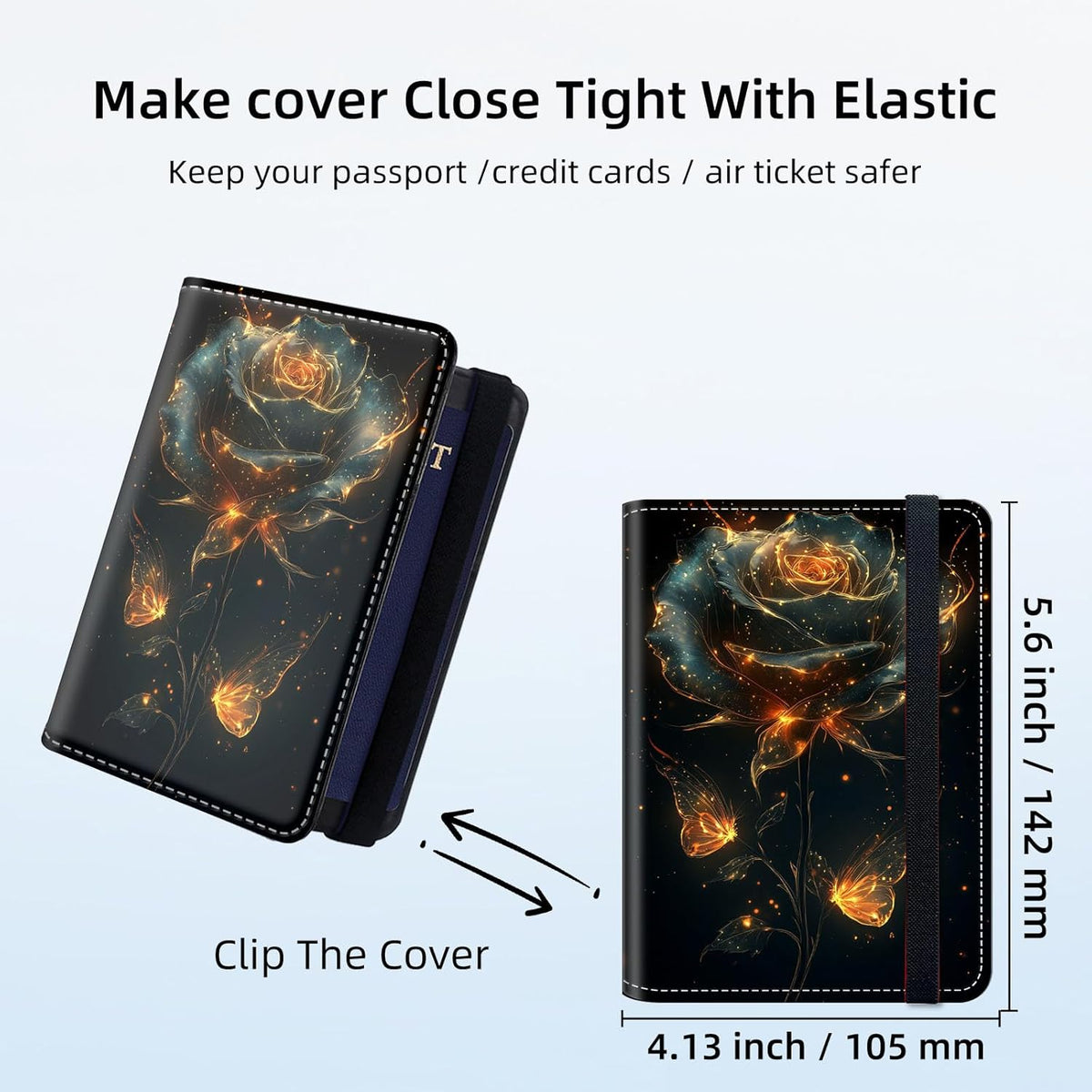 RFID Security Premium Passport and Travel Document Holder Combo, Slim PU Leather Folio Wallet with 3 Card Slots & Boarding Pass Pocket, Secure Elastic Closure Organizer, Black Crow Full Moon