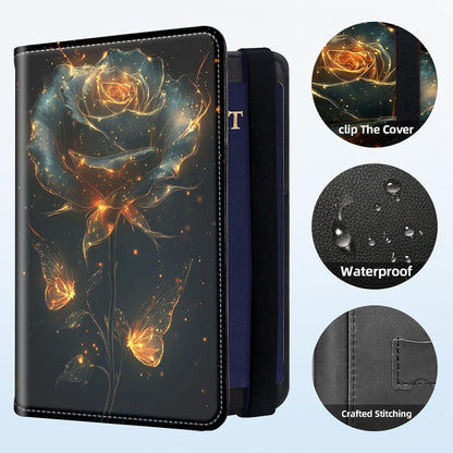 RFID Security Premium Passport and Travel Document Holder Combo, Slim PU Leather Folio Wallet with 3 Card Slots & Boarding Pass Pocket, Secure Elastic Closure Organizer, Black Crow Full Moon