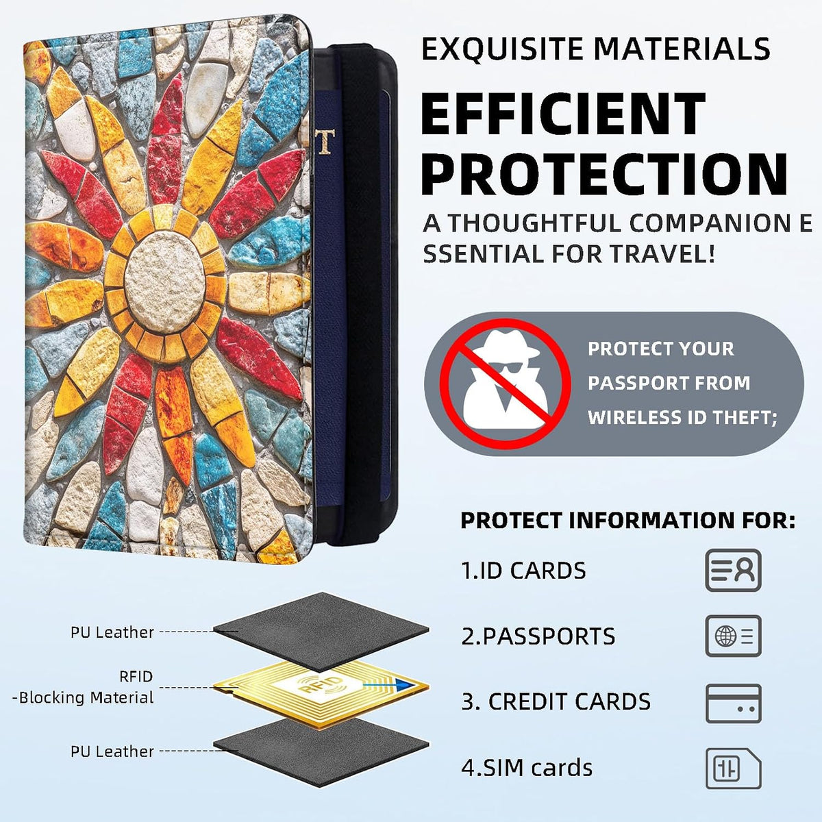 RFID Security Premium Passport and Travel Document Holder Combo, Slim PU Leather Folio Wallet with 3 Card Slots & Boarding Pass Pocket, Secure Elastic Closure Organizer, Black Crow Full Moon