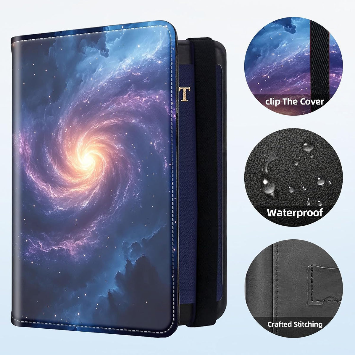 RFID Security Premium Passport and Travel Document Holder Combo, Slim PU Leather Folio Wallet with 3 Card Slots & Boarding Pass Pocket, Secure Elastic Closure Organizer, Black Crow Full Moon