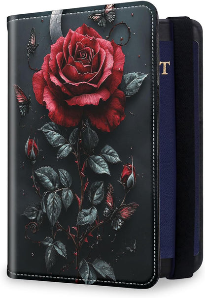 RFID Security Premium Passport and Travel Document Holder Combo, Slim PU Leather Folio Wallet with 3 Card Slots & Boarding Pass Pocket, Secure Elastic Closure Organizer, Black Crow Full Moon
