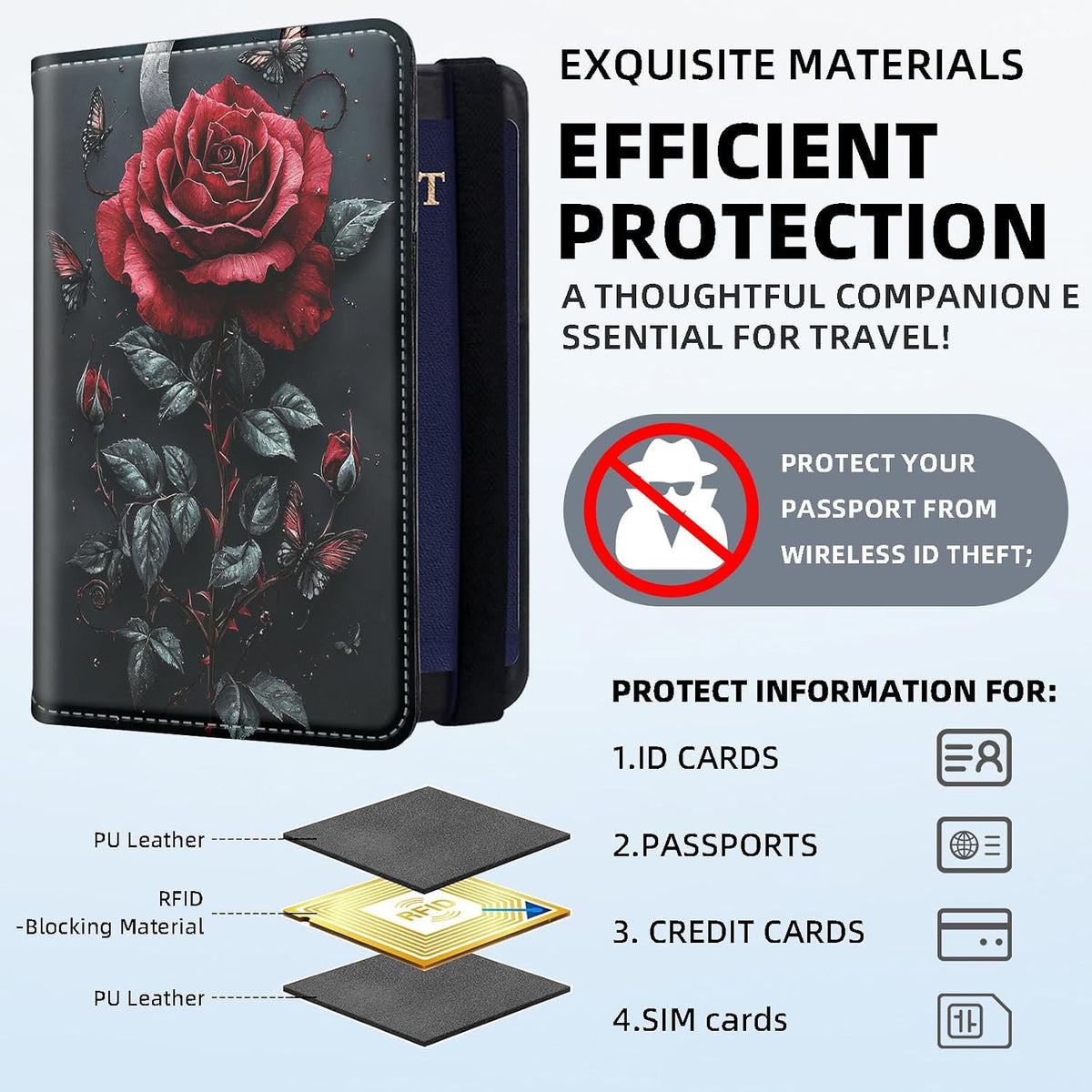 RFID Security Premium Passport and Travel Document Holder Combo, Slim PU Leather Folio Wallet with 3 Card Slots & Boarding Pass Pocket, Secure Elastic Closure Organizer, Black Crow Full Moon