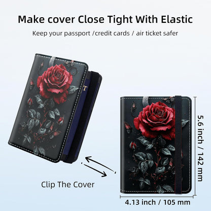 RFID Security Premium Passport and Travel Document Holder Combo, Slim PU Leather Folio Wallet with 3 Card Slots & Boarding Pass Pocket, Secure Elastic Closure Organizer, Black Crow Full Moon