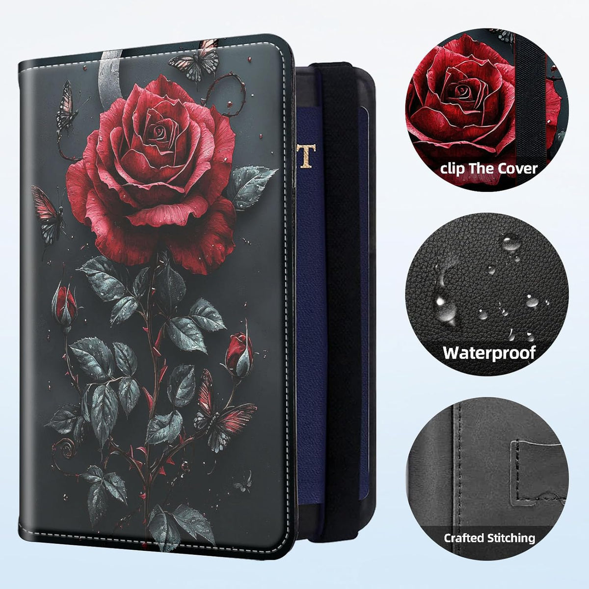 RFID Security Premium Passport and Travel Document Holder Combo, Slim PU Leather Folio Wallet with 3 Card Slots & Boarding Pass Pocket, Secure Elastic Closure Organizer, Black Crow Full Moon