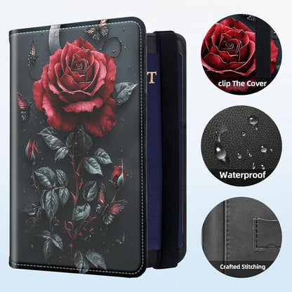 RFID Security Premium Passport and Travel Document Holder Combo, Slim PU Leather Folio Wallet with 3 Card Slots & Boarding Pass Pocket, Secure Elastic Closure Organizer, Black Crow Full Moon