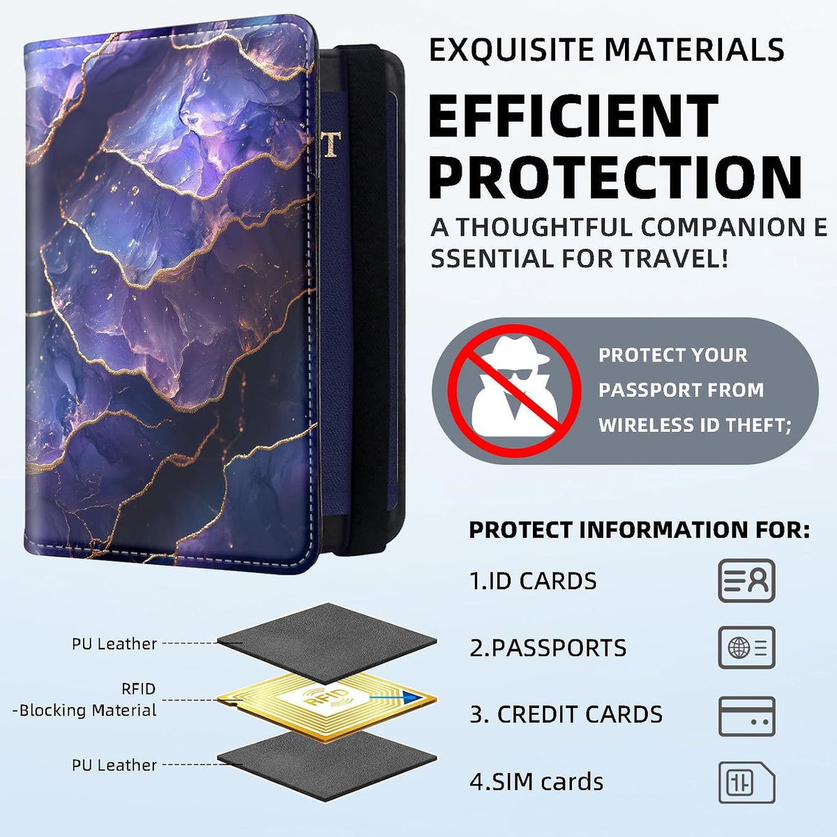 RFID Security Premium Passport and Travel Document Holder Combo, Slim PU Leather Folio Wallet with 3 Card Slots & Boarding Pass Pocket, Secure Elastic Closure Organizer, Black Crow Full Moon