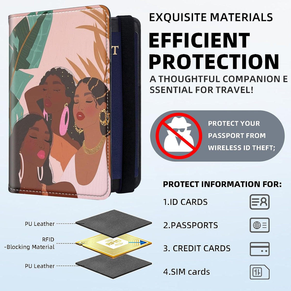 RFID Security Premium Passport and Travel Document Holder Combo, Slim PU Leather Folio Wallet with 3 Card Slots & Boarding Pass Pocket, Secure Elastic Closure Organizer, Black Crow Full Moon