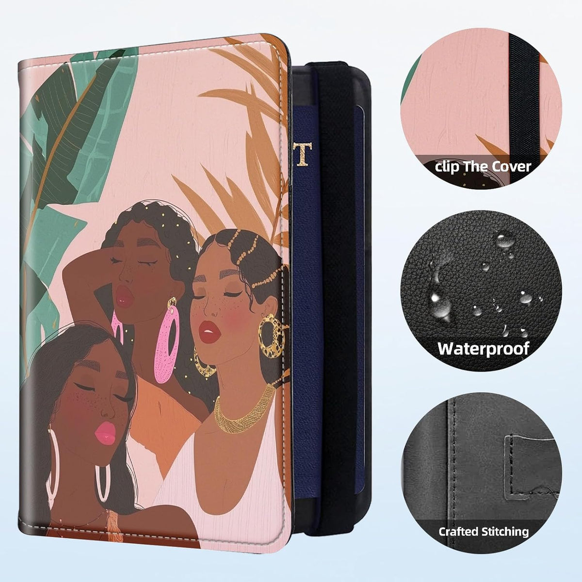 RFID Security Premium Passport and Travel Document Holder Combo, Slim PU Leather Folio Wallet with 3 Card Slots & Boarding Pass Pocket, Secure Elastic Closure Organizer, Black Crow Full Moon