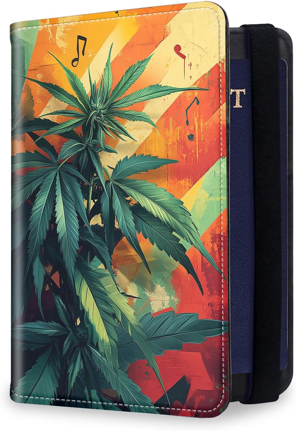RFID Security Premium Passport and Travel Document Holder Combo, Slim PU Leather Folio Wallet with 3 Card Slots & Boarding Pass Pocket, Secure Elastic Closure Organizer, Black Crow Full Moon