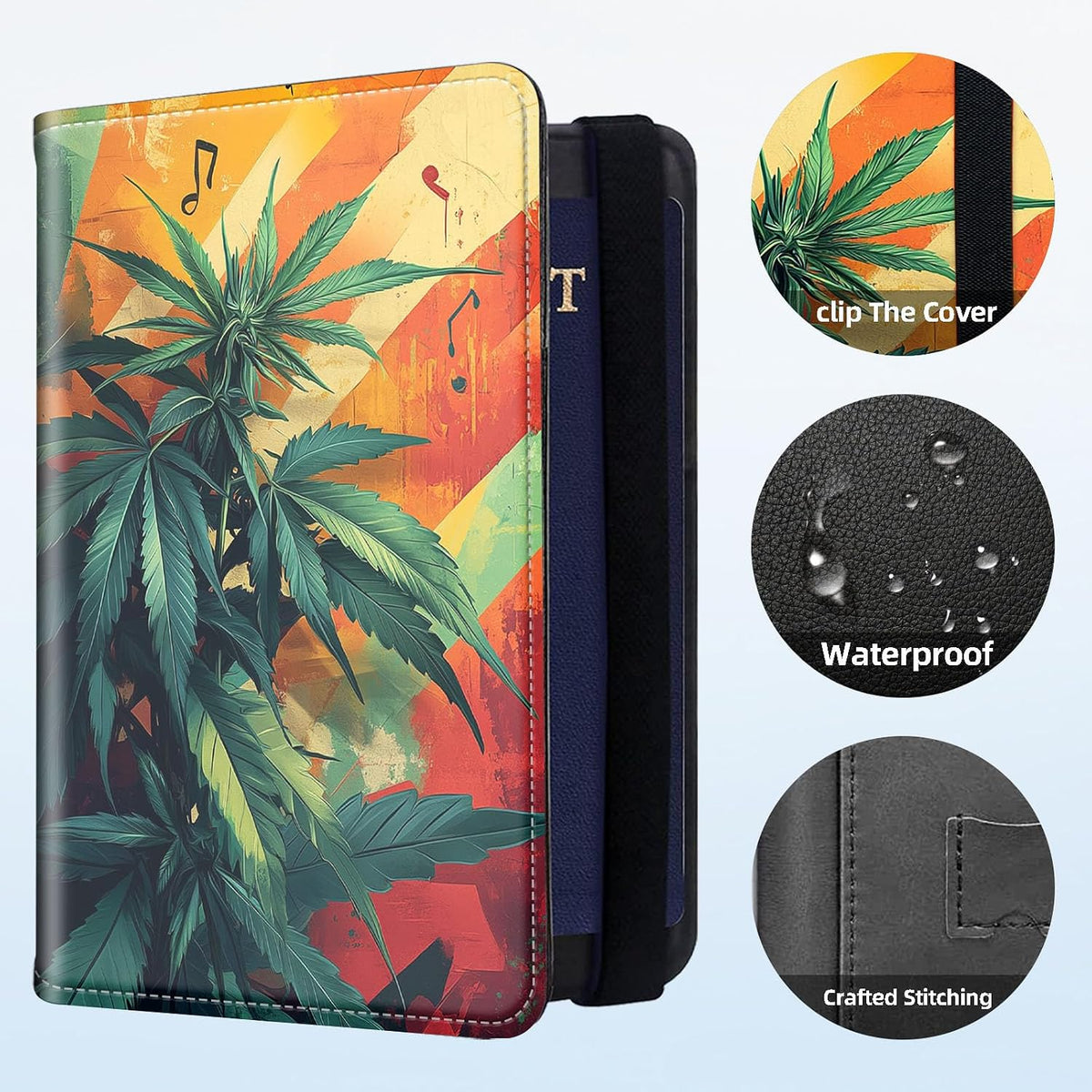 RFID Security Premium Passport and Travel Document Holder Combo, Slim PU Leather Folio Wallet with 3 Card Slots & Boarding Pass Pocket, Secure Elastic Closure Organizer, Black Crow Full Moon