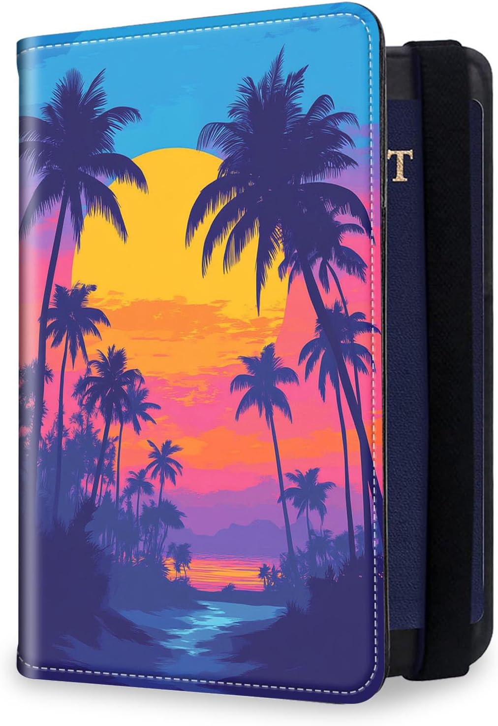 RFID Security Premium Passport and Travel Document Holder Combo, Slim PU Leather Folio Wallet with 3 Card Slots & Boarding Pass Pocket, Secure Elastic Closure Organizer, Black Crow Full Moon