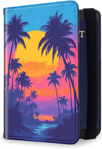 RFID Security Premium Passport and Travel Document Holder Combo, Slim PU Leather Folio Wallet with 3 Card Slots & Boarding Pass Pocket, Secure Elastic Closure Organizer, Black Crow Full Moon