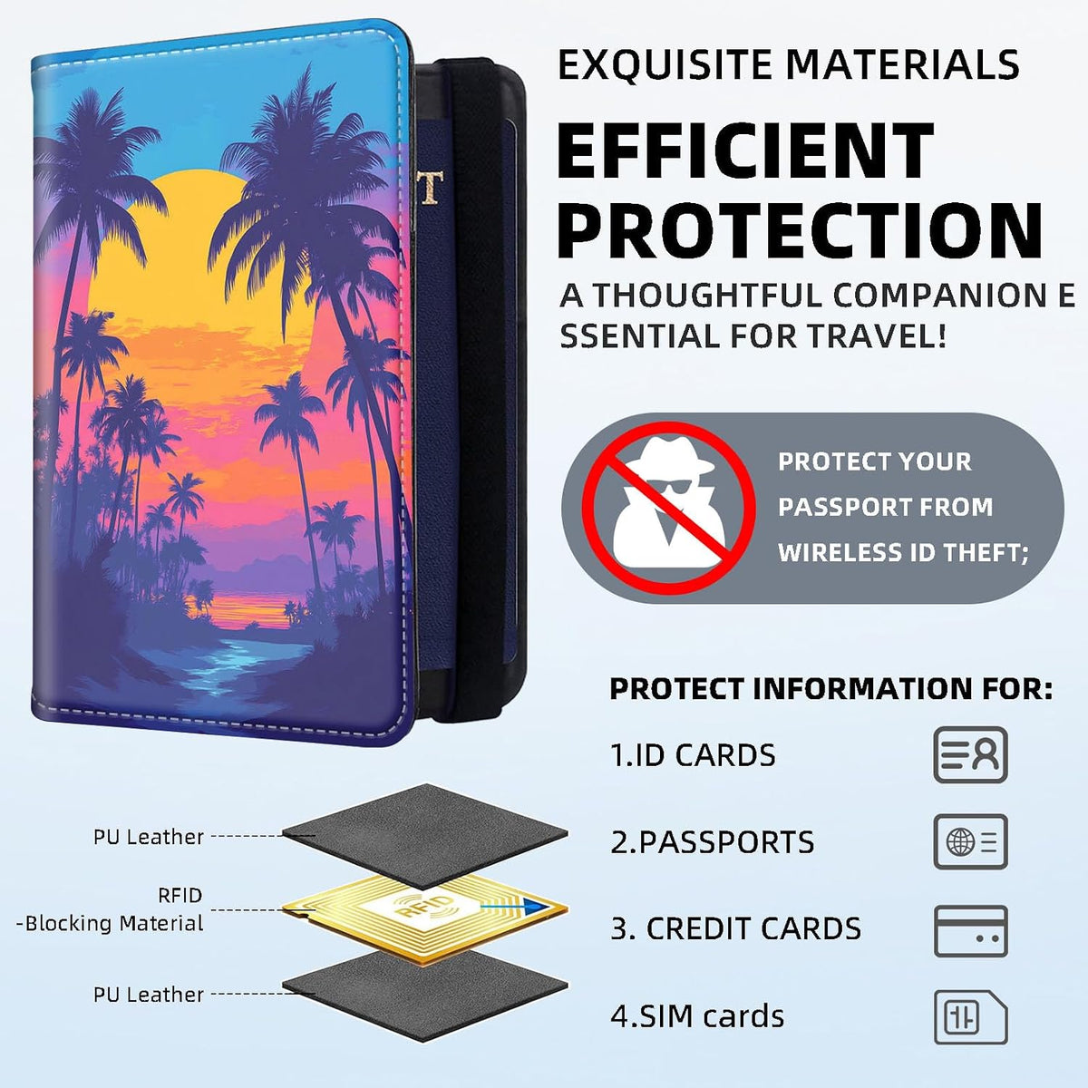 RFID Security Premium Passport and Travel Document Holder Combo, Slim PU Leather Folio Wallet with 3 Card Slots & Boarding Pass Pocket, Secure Elastic Closure Organizer, Black Crow Full Moon