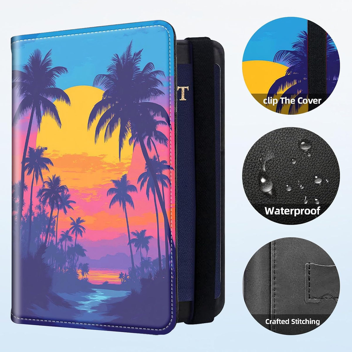 RFID Security Premium Passport and Travel Document Holder Combo, Slim PU Leather Folio Wallet with 3 Card Slots & Boarding Pass Pocket, Secure Elastic Closure Organizer, Black Crow Full Moon