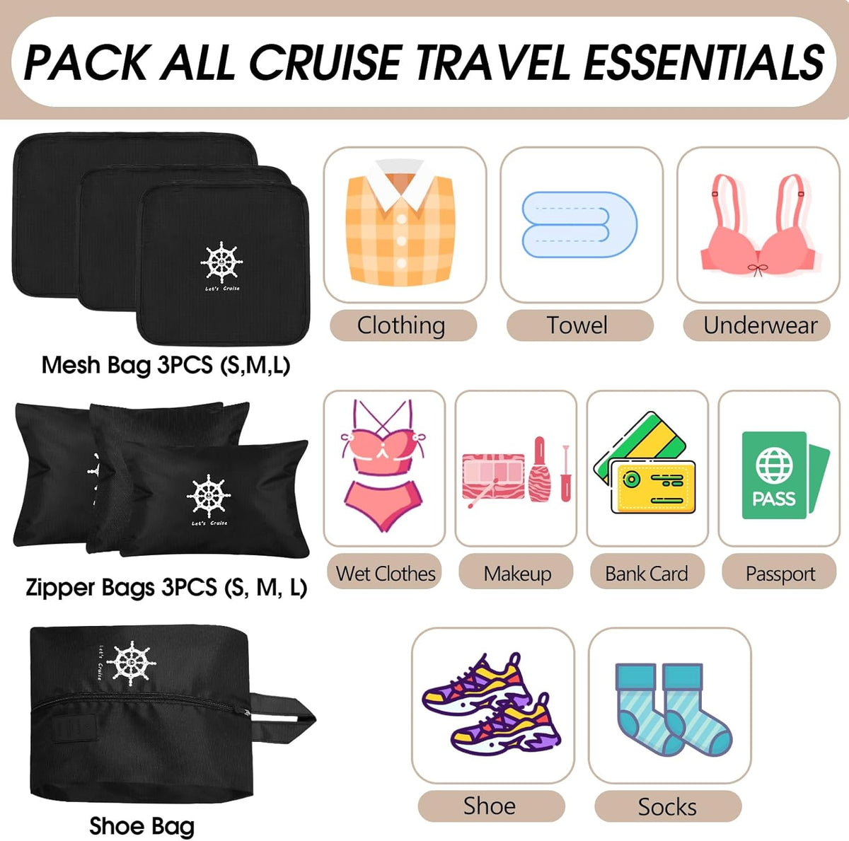 7 Pack Carnival Cruise Essentials 2026 Packing Cubes for Cruise Travel Accessories, Light Waterproof Luggage Organizer Bag Set for Suitcases Space-saving Packing Organizers, Black
