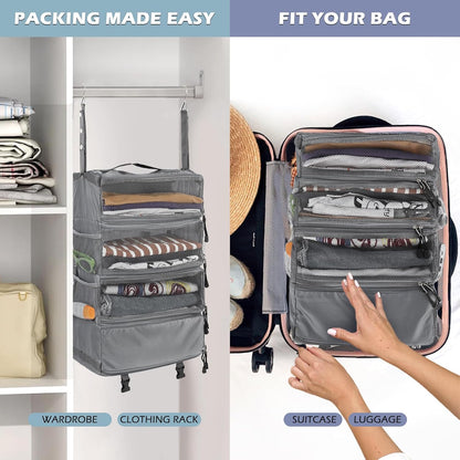Travel Hanging Luggage Organizer Portable Suitcase Closet Organizer Multiple Compartments Collapsible Compression Packing Cubes Shelf, Beige, M